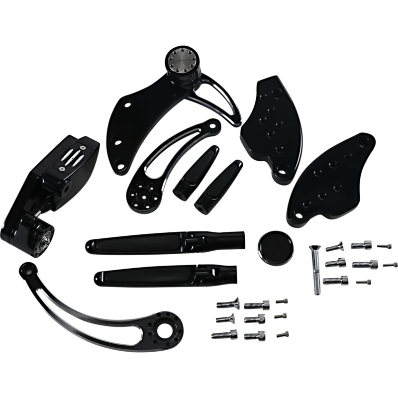 Hawg Halters Inc Forward Control – 18+ Softail – Black Anodized – Standard – Folding Rubber Inlay Pegs – Slotted Levr FCK-S18A-FR-SE