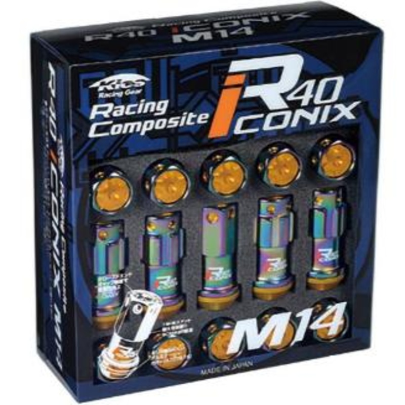 Project Kics R40 Iconix Lug Nuts & Locks – M14x1.25 / Neochrome (Gold Aluminum Caps)