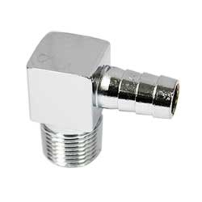 Fuel Tank Hose Fitting, 90 Degree, 3/8″, Chrome