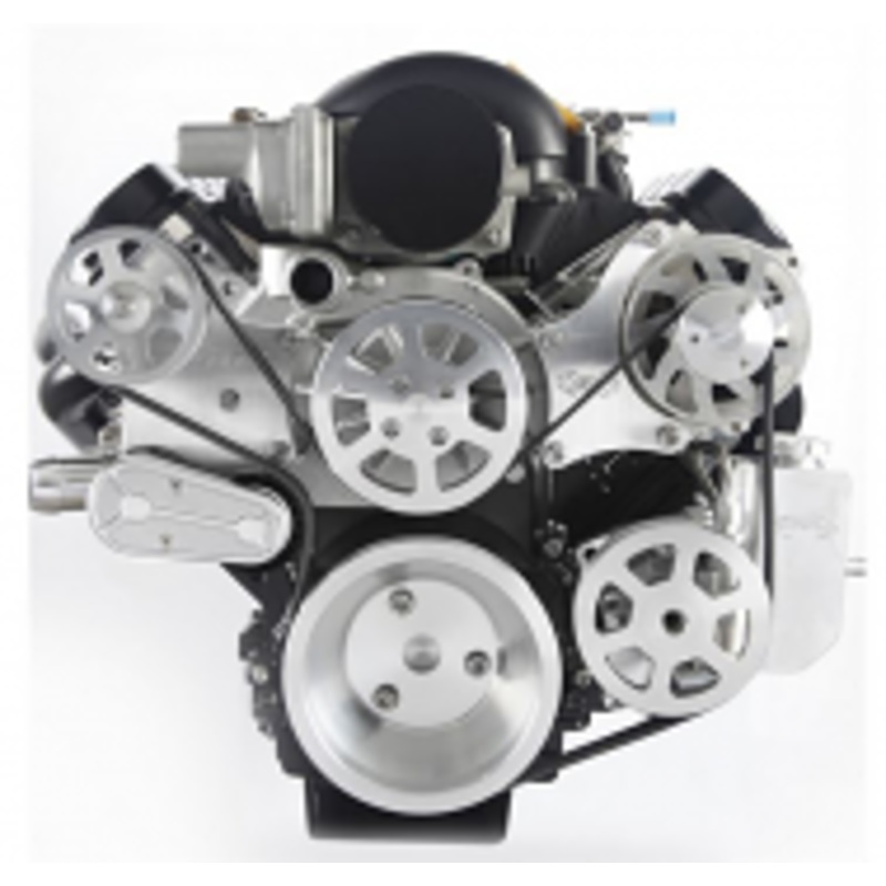 6 Rib Serpentine Pulley Kit w/ Billet Attached PS Reservoir, Machined, No A/C – Chevy LS Please Specify