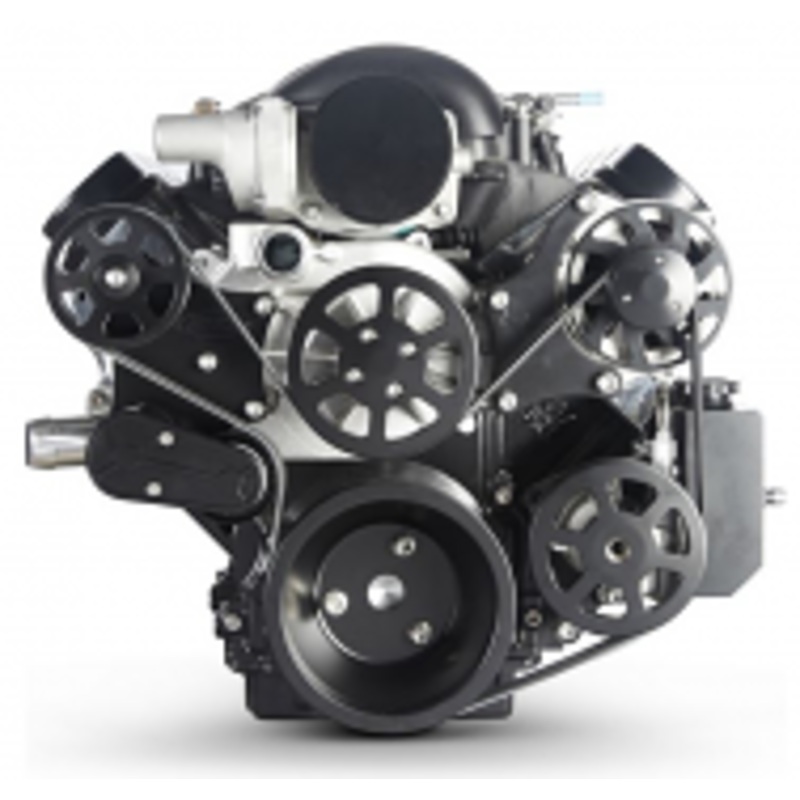 6 Rib Serpentine Pulley Kit w/ Billet Attached PS Reservoir, Matte Black, No A/C – Chevy LS Please Specify