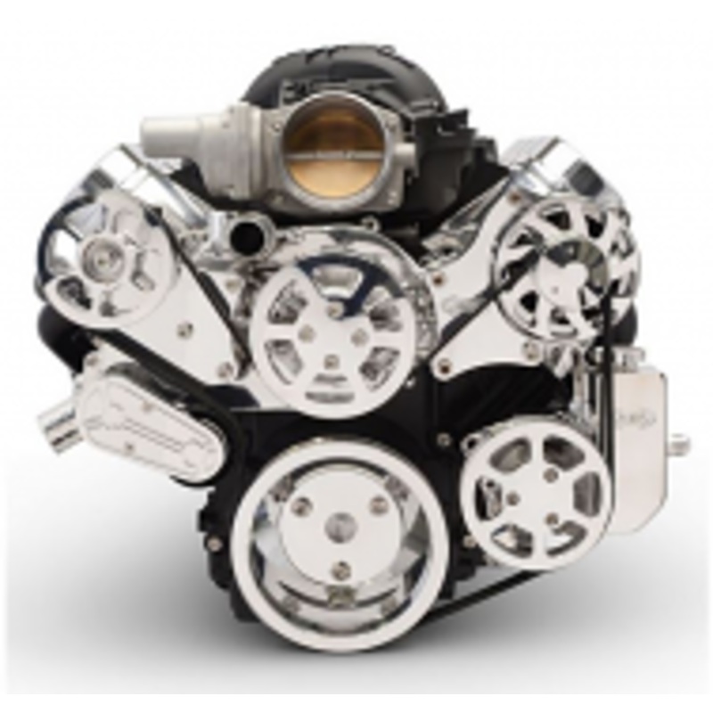 6 Rib Serpentine Pulley Kit w/ Billet Attached PS Reservoir, Polished, No A/C – Chevy LS Please Specify