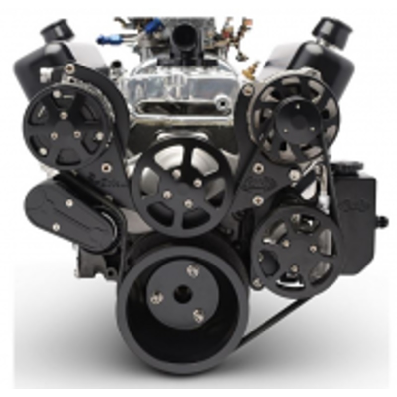6 Rib Serpentine Pulley Kit w/ Billet PS Reservoir, Matte Black Finish Chevy Small Block Please Specify