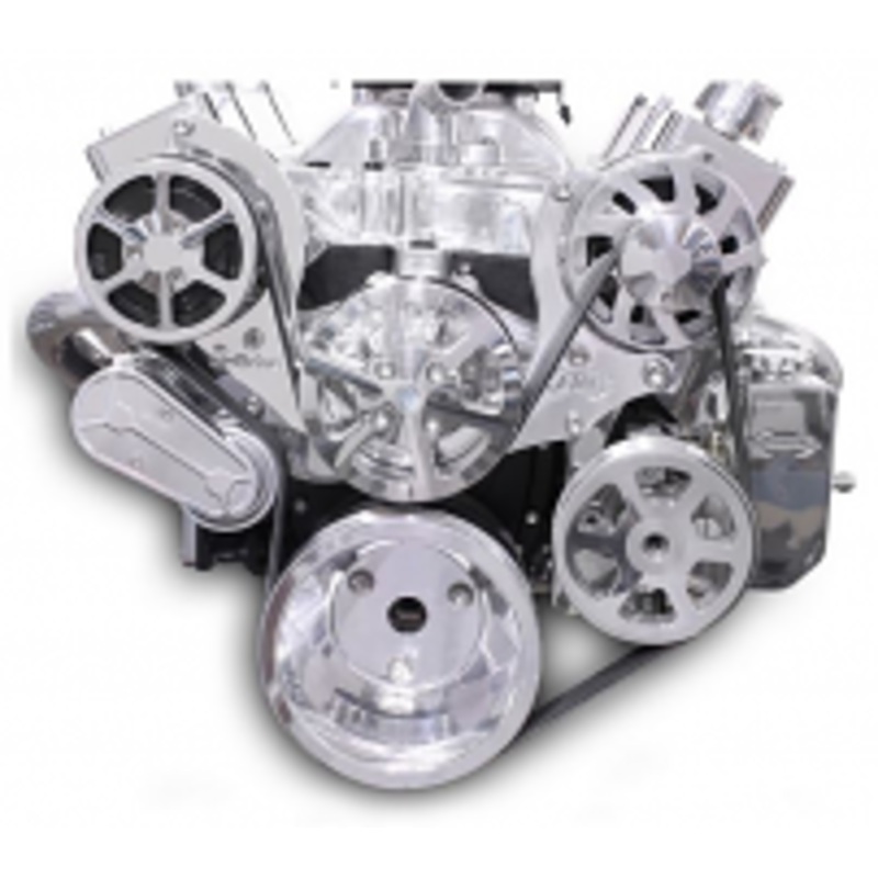 6 Rib Serpentine Pulley Kit w/ Billet PS Reservoir, Polished Finish Chevy Small Block Please Specify