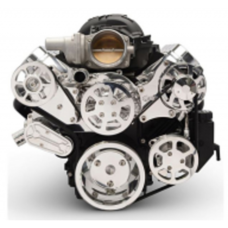 6 Rib Serpentine Pulley Kit w/ Plastic PS Reservoir, Polished, No A/C – Chevy LS Please Specify