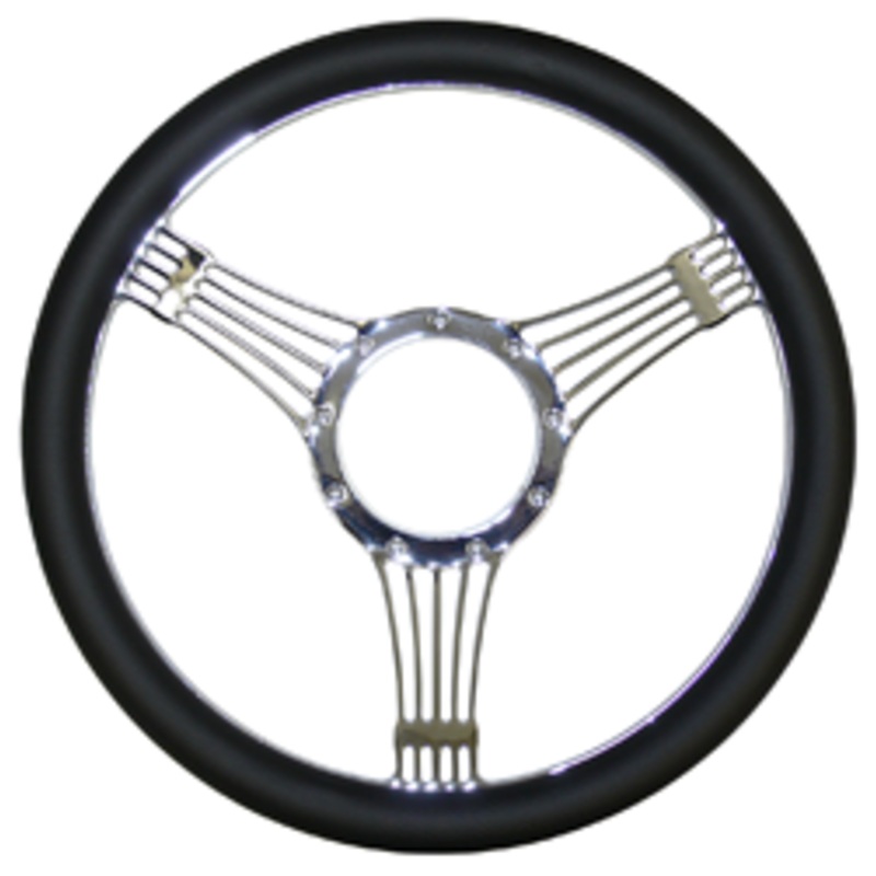 Billet Steering Wheel, Chromed 14″ Banjo Style with Simulated Black Leather Grip