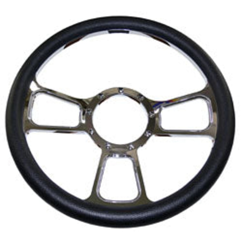 Billet Steering Wheel, Chromed 14″ GT Sport Style with Simulated Black Leather Grip