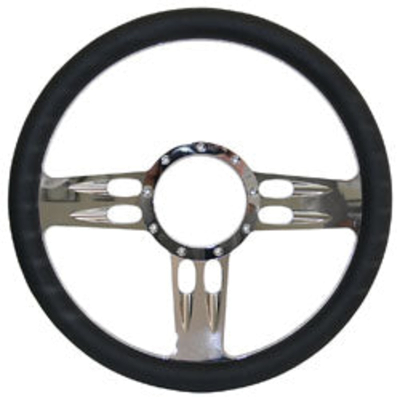 Billet Steering Wheel, Chromed 14″ T-Bar Style with Simulated Black Leather Grip