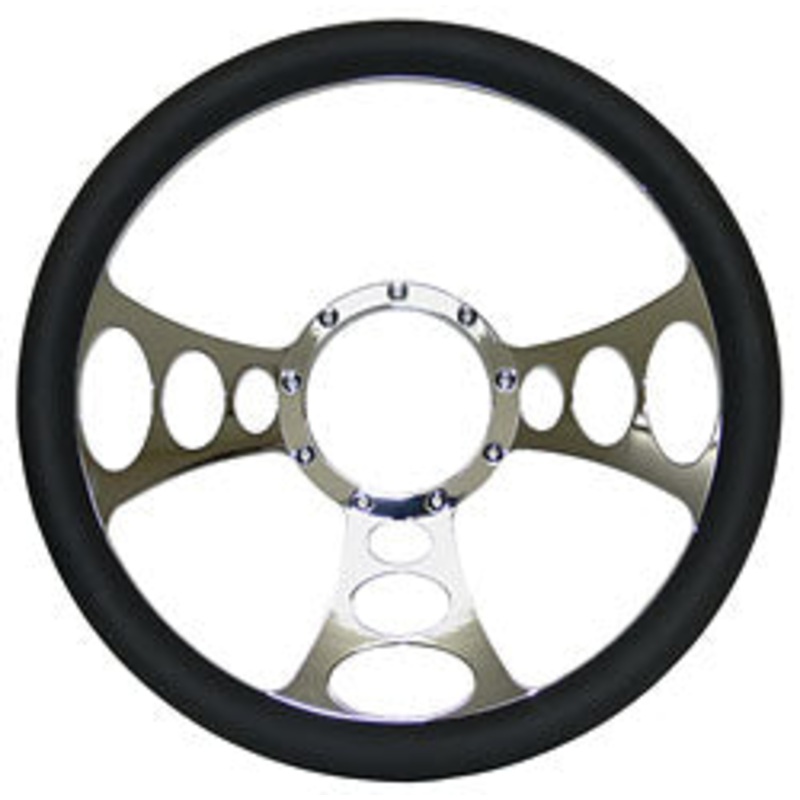 Billet Steering Wheel, Chromed 14″ Web Style with Simulated Black Leather Grip