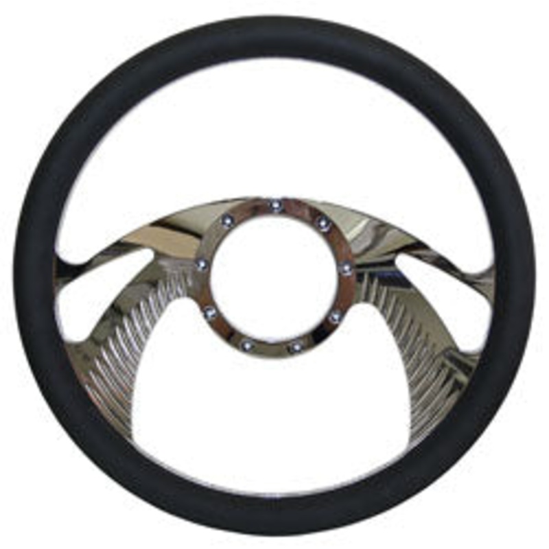 Billet Steering Wheel, Chromed 14″ Wing Style with Simulated Black Leather Grip