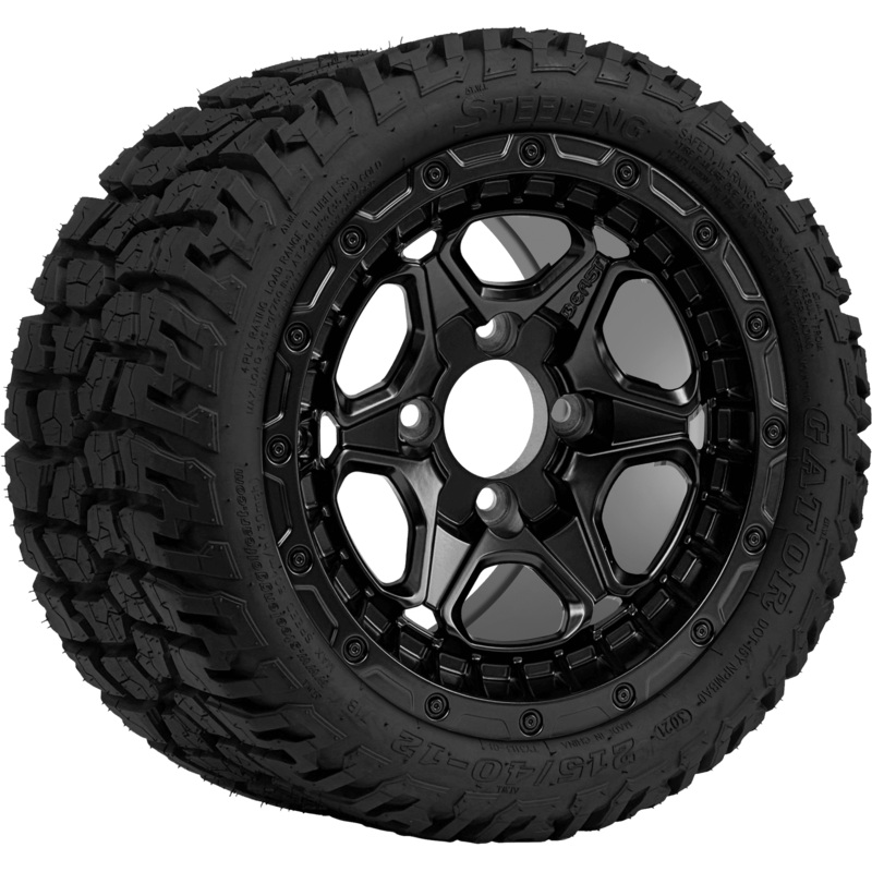 SGC 12 ” Grizzly Matte Black Wheel – Aluminum Alloy /STEELENG 215/40-12 Hybrid Low Profile / All Terrain Tire DOT Approved Tires Combo – Set of 4