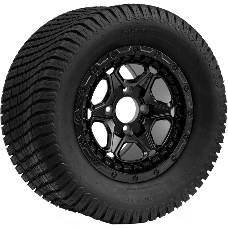 SGC 12 ” Grizzly Matte Black Wheel – Aluminum Alloy / STEELENG 23 “x10.5 “-12 ” Turf Tire Tires Combo – Set of 4