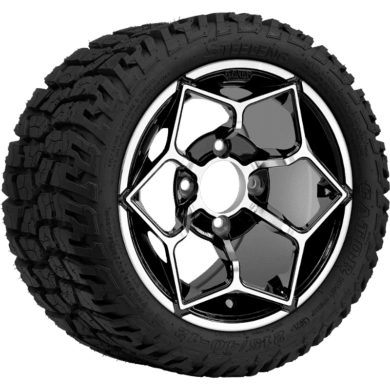 SGC 12 ” Hammerhead Machined/Black Wheel – Aluminum Alloy /STEELENG 215/40-12 Hybrid Low Profile / All Terrain Tire DOT Approved Tires Combo – Set of 4