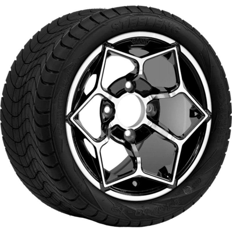 SGC 12 ” Hammerhead Machined/Black Wheel – Aluminum Alloy / STEELENG 215/40-12 Low Profile Tire DOT Approved Tires Combo – Set of 4