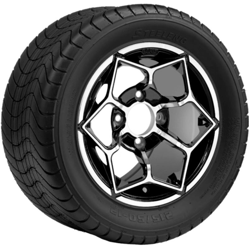 SGC 12 ” Hammerhead Machined/Black Wheel – Aluminum Alloy / STEELENG 215/50-12 Comfort Ride Street Tire DOT Approved Tires Combo – Set of 4