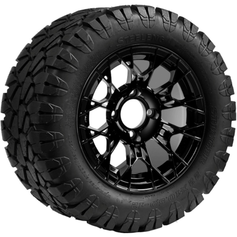 SGC 12 ” Tarantula Glossy Black Wheel – Aluminum Alloy – Aluminum Alloy / STEELENG 22 “x10.5 “-12 ” STINGER All Terrain Tire DOT approved Tires Combo – Set of 4