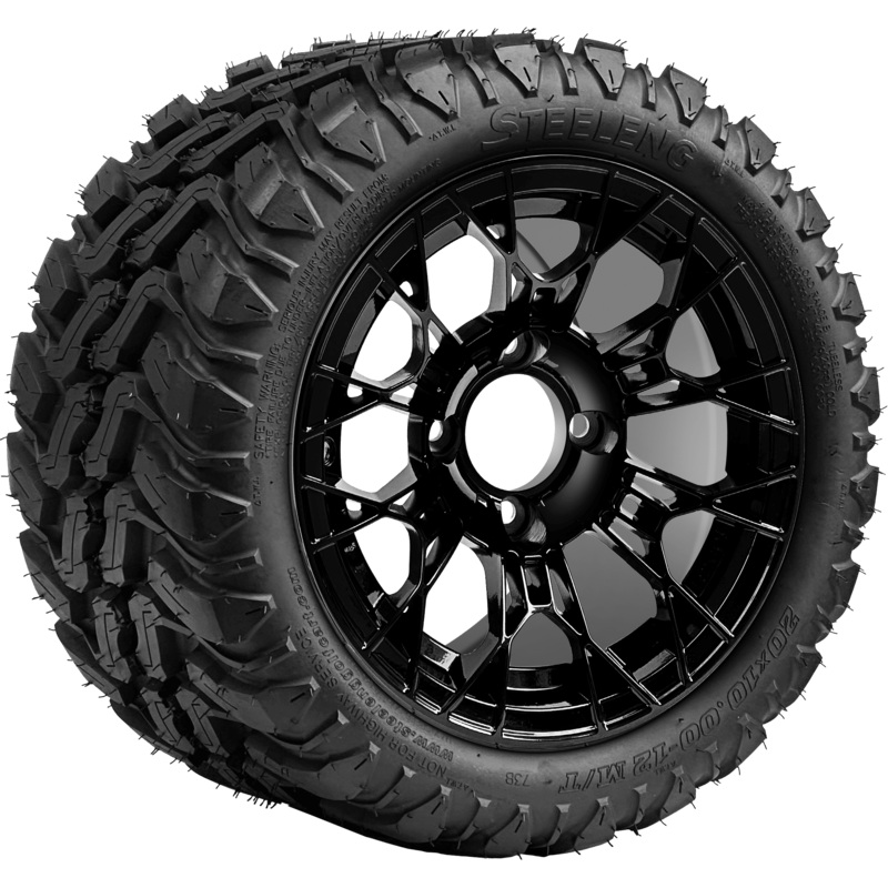 SGC 12 ” Tarantula Glossy Black Wheel – Aluminum Alloy / STEELENG 20 “x10 “-12 ” Mud Terrain Tire Tires Combo – Set of 4