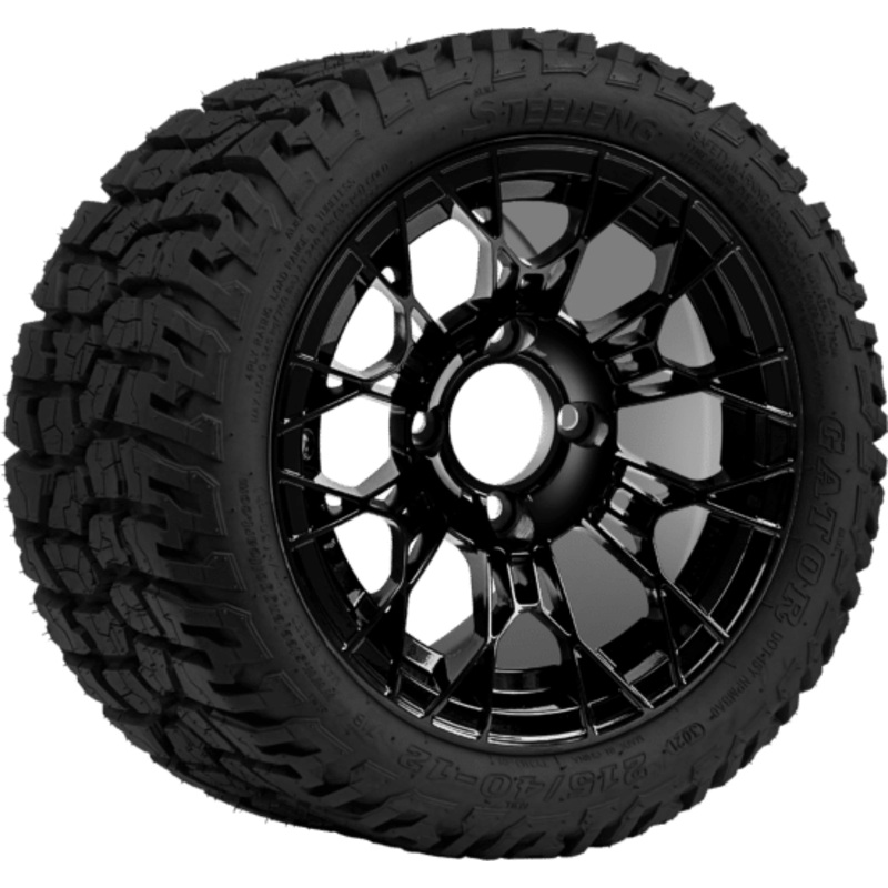 SGC 12 ” Tarantula Glossy Black Wheel – Aluminum Alloy /STEELENG 215/40-12 GATOR Hybrid Low Profile / All Terrain Tire DOT Approved Tires Combo – Set of 4
