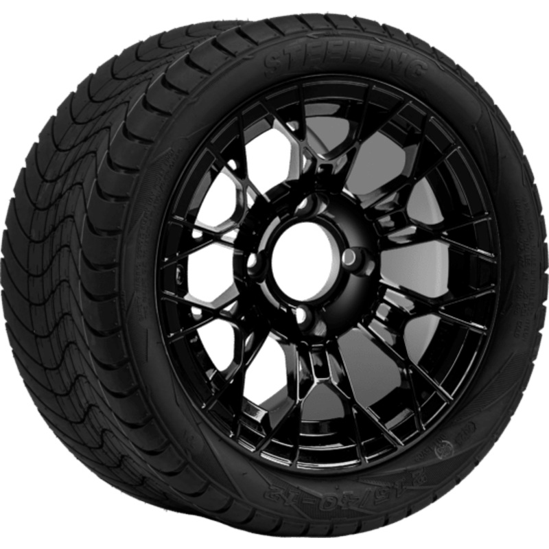 SGC 12 ” Tarantula Glossy Black Wheel – Aluminum Alloy / STEELENG 215/40-12 Low Profile Tire DOT Approved Tires Combo – Set of 4