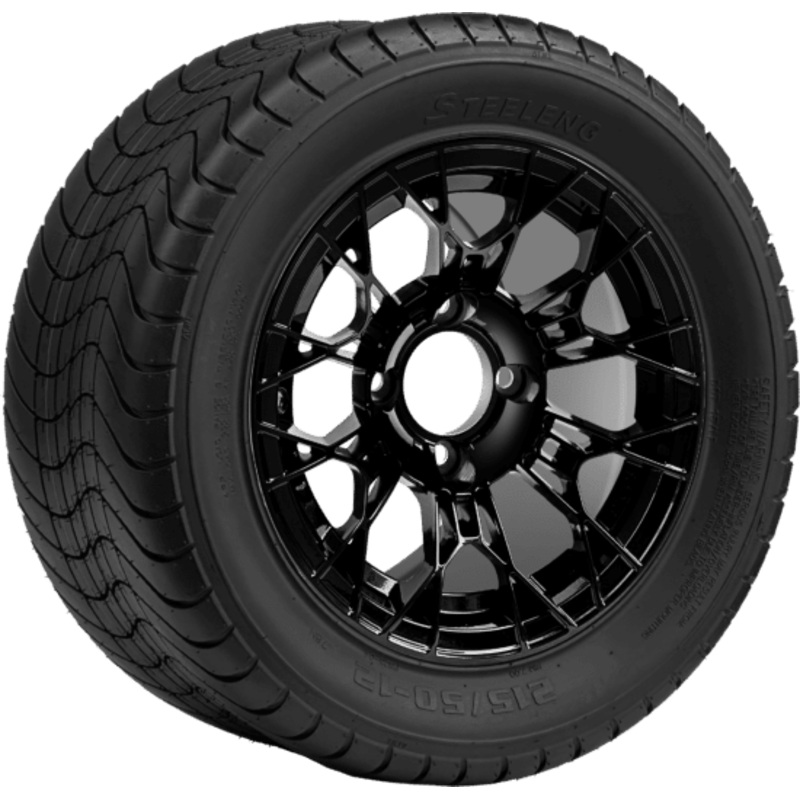 SGC 12 ” Tarantula Glossy Black Wheel – Aluminum Alloy / STEELENG 215/50-12 Comfort Ride Street Tire DOT Approved Tires Combo – Set of 4