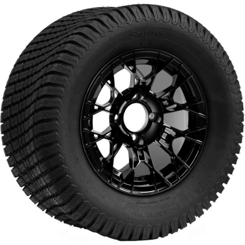 SGC 12 ” Tarantula Glossy Black Wheel – Aluminum Alloy / STEELENG 23 “x10.5 “-12 ” Turf Tire Tires Combo – Set of 4