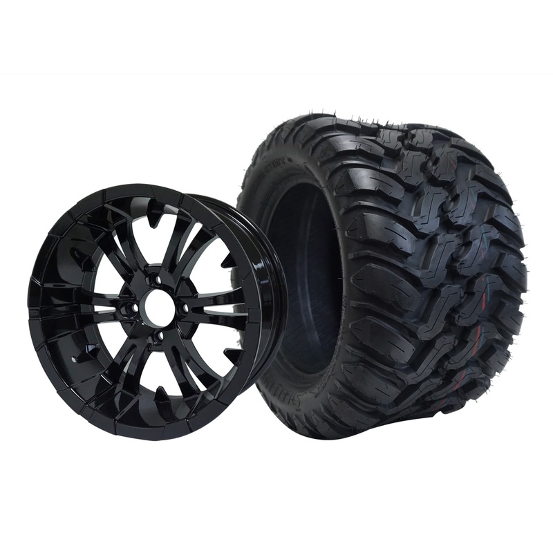 SGC 12″ Vampire Glossy Black Wheel – Aluminum Alloy / STEELENG 22″x11″-12″ Mud Terrain / All Terrain Tire DOT Approved Tires Combo – Set of 4