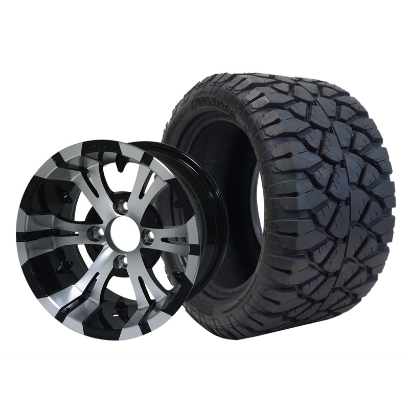 SGC 12″ Vampire Machined Black Wheel – Aluminum Alloy / STEELENG 20″x10″-12″ STINGER All Terrain Tire DOT approved Tires Combo – Set of 4