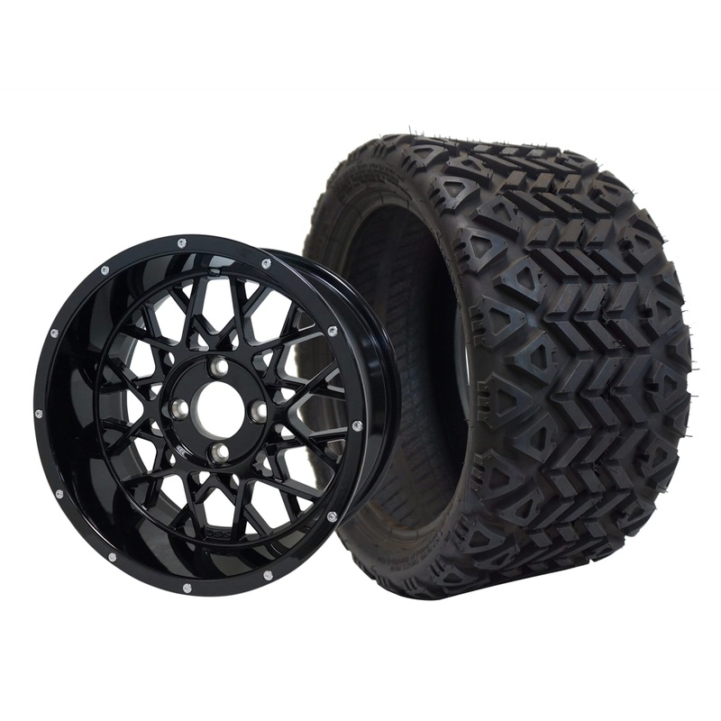 SGC 12″ Venom Glossy Black Wheel – Aluminum Alloy / STEELENG 18″x8.5″-12″ All-Terrain Tire DOT approved Tires Combo – Set of 4