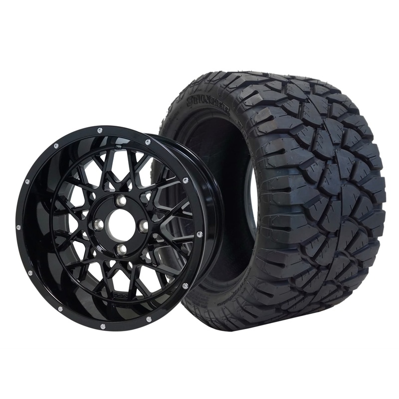 SGC 12″ Venom Glossy Black Wheel – Aluminum Alloy / STEELENG 22″x10.5″-12″ STINGER All Terrain Tire DOT approved Tires Combo – Set of 4