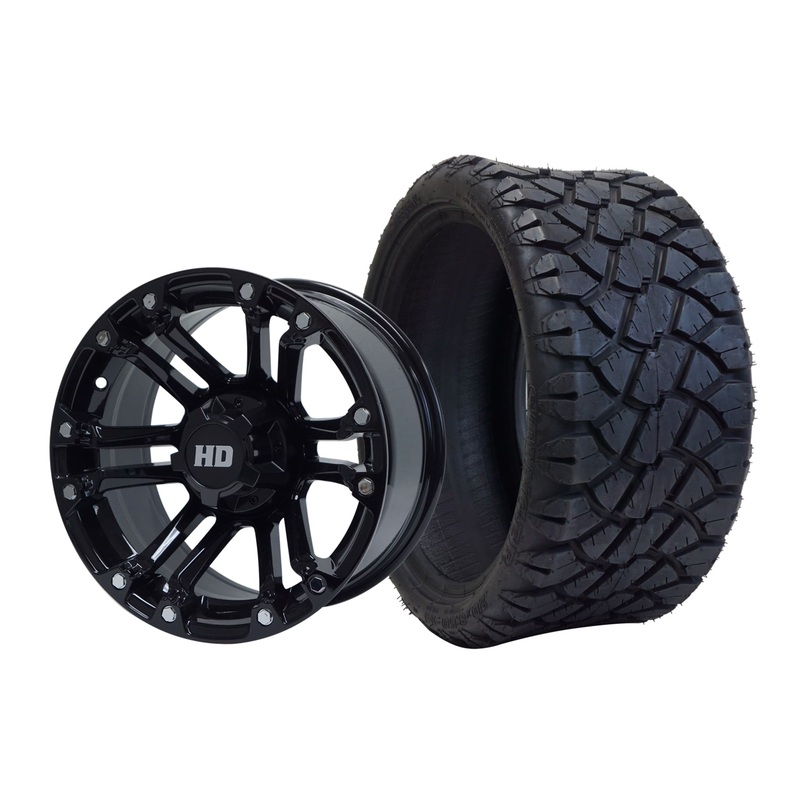 SGC 14″ Rhino Glossy Black Wheel – Aluminum Alloy / STEELENG 20″x8.5″-14″ STINGER AT Tire DOT Approved Tires Combo – Set of 4