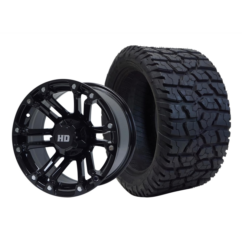 SGC 14″ Rhino Glossy Black Wheel – Aluminum Alloy / STEELENG 22″x10.5″-14″ GATOR All Terrain Tire DOT Approved Tires Combo – Set of 4