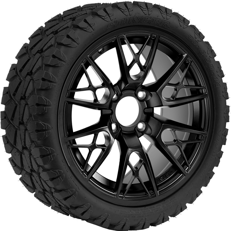SGC 14 ” Saber Tooth Glossy Black Wheel – Aluminum Alloy / STEELENG 20 “x8.5 “-14 ” STINGER AT Tire DOT Approved Tires Combo – Set of 4