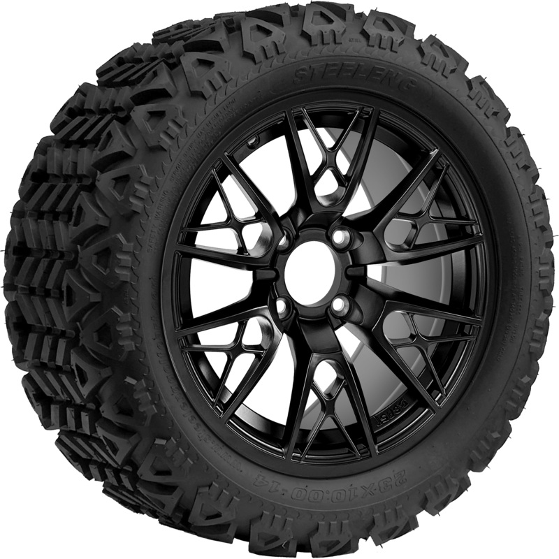 SGC 14 ” Saber Tooth Glossy Black Wheel – Aluminum Alloy / STEELENG 23 “x10 “-14 ” All Terrain Tire DOT Approved Tires Combo – Set of 4