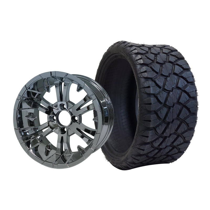 SGC 14″ Vampire Chrome Wheel – Aluminum Alloy / STEELENG 20″x8.5″-14″ STINGER AT Tire DOT Approved Tires Combo – Set of 4