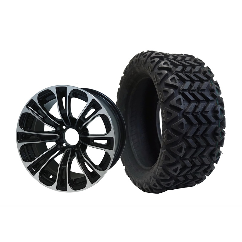 SGC 14″ Vector Machined/Black Wheel – Aluminum Alloy / STEELENG 23″x10″-14″ All Terrain Tire DOT Approved Tires Combo – Set of 4