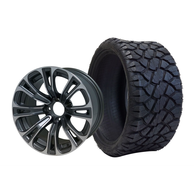SGC 14″ Vector Machined/Gunmetal Wheel – Aluminum Alloy / STEELENG 20″x8.5″-14″ STINGER AT Tire DOT Approved Tires Combo – Set of 4