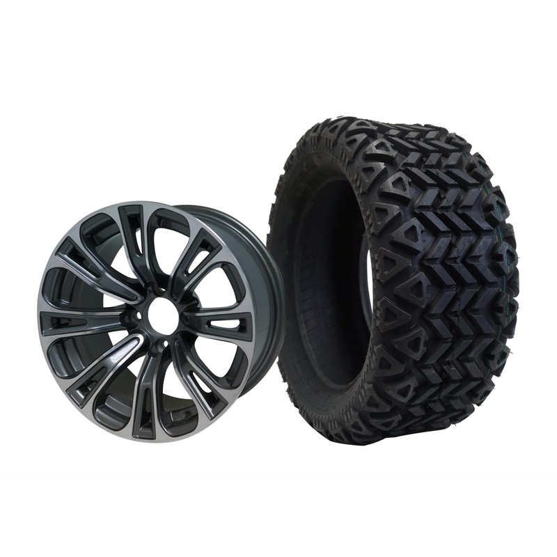 SGC 14″ Vector Machined/Gunmetal Wheel – Aluminum Alloy / STEELENG 23″x10″-14″ All Terrain Tire DOT Approved Tires Combo – Set of 4