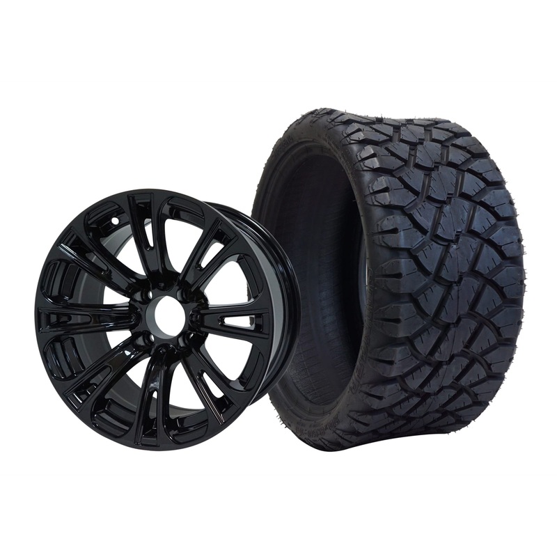 SGC 14″ Voodoo Glossy Black Wheel – Aluminum Alloy / STEELENG 20″x8.5″-14″ STINGER AT Tire DOT Approved Tires Combo – Set of 4