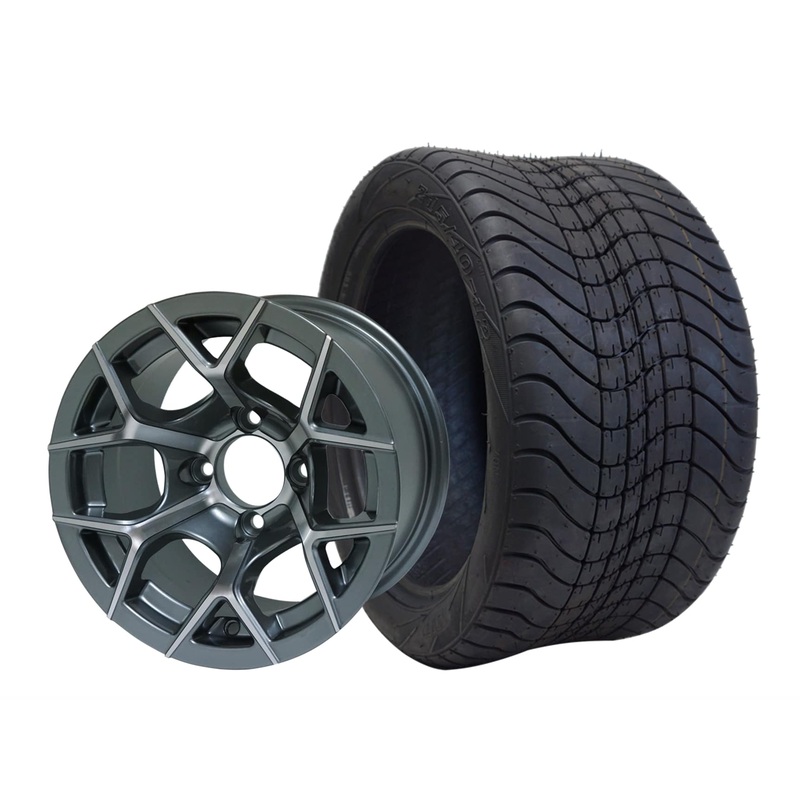 SGC 12″ Rally Machined/Gunmetal Wheel – Aluminum Alloy / STEELENG 215/40-12 Low Profile Tire DOT Approved Tires Combo – Set of 4