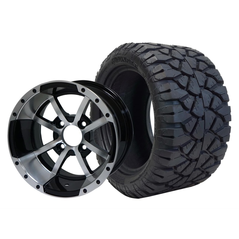 SGC 12″ Storm Trooper Machined/Black Wheel – Aluminum Alloy / STEELENG 20″x10″-12″ STINGER All Terrain Tire DOT approved Tires Combo – Set of 4
