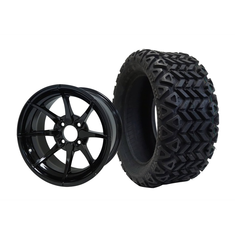 SGC 14″ Hydra Glossy Black Wheel – Aluminum Alloy / STEELENG 23″x10″-14″ All Terrain Tire DOT Approved Tires Combo – Set of 4