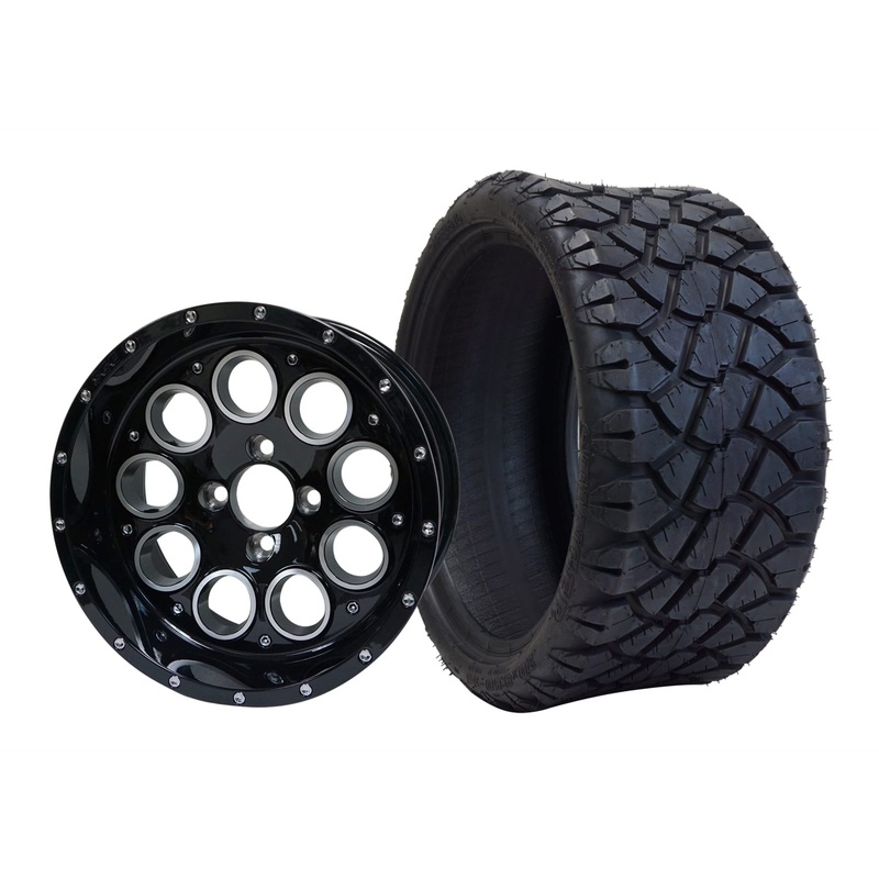 SGC 14″ Pioneer Glossy Black Wheel – Aluminum Alloy / STEELENG 20″x8.5″-14″ STINGER AT Tire DOT Approved Tires Combo – Set of 4