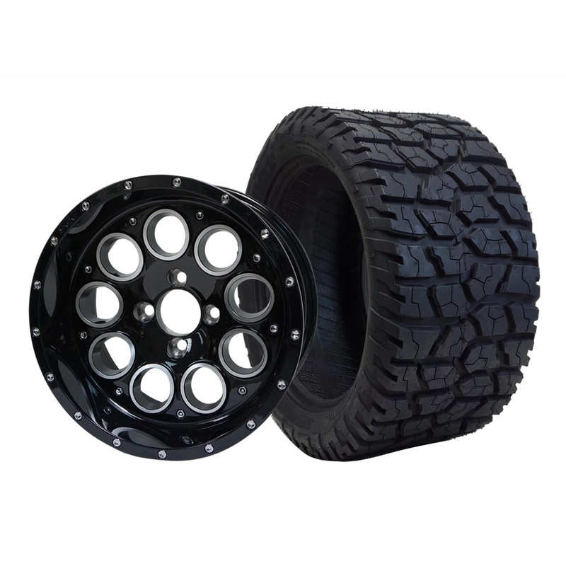 SGC 14″ Pioneer Glossy Black Wheel – Aluminum Alloy / STEELENG 22″x10.5″-14″ GATOR All Terrain Tire DOT Approved Tires Combo – Set of 4