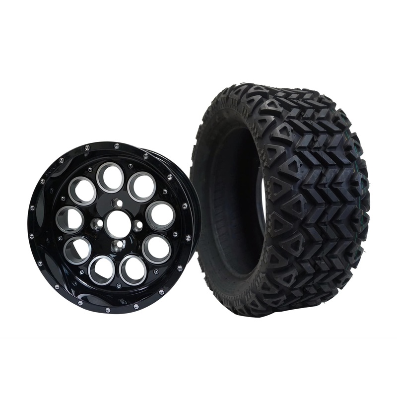 SGC 14″ Pioneer Glossy Black Wheel – Aluminum Alloy / STEELENG 23″x10″-14″ All Terrain Tire DOT Approved Tires Combo – Set of 4
