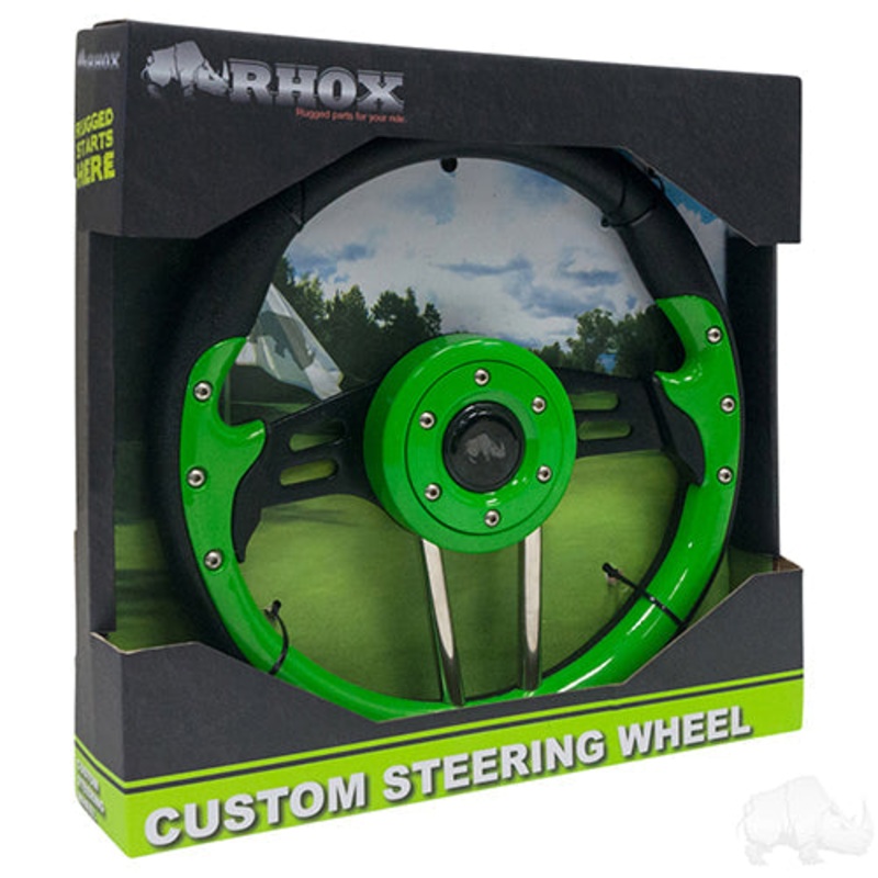 Golf Cart Golf Cart Steering Wheel – Aviator 4 -13″ Diameter (Lime Green Grip/Black Spokes)
