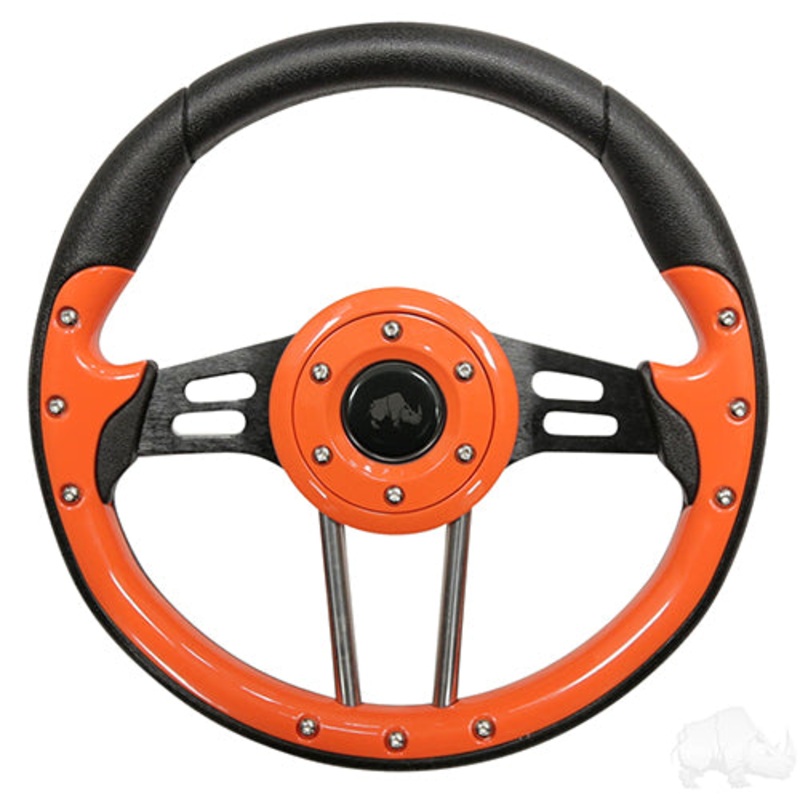 Golf Cart Steering Wheel – Aviator 4 -13″ Diameter (Orange Grip/Black Spokes)