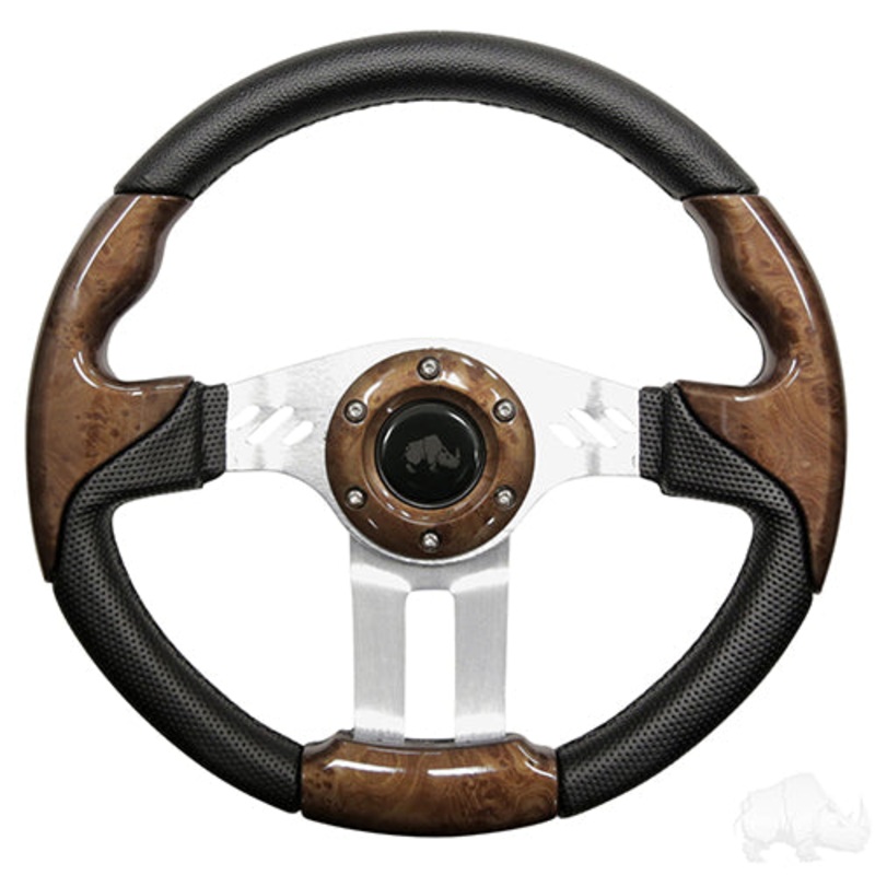RHOX Golf Cart Steering Wheel -Aviator 5 Woodgrain Grip/Brushed Aluminum Spokes 13″ Diameter