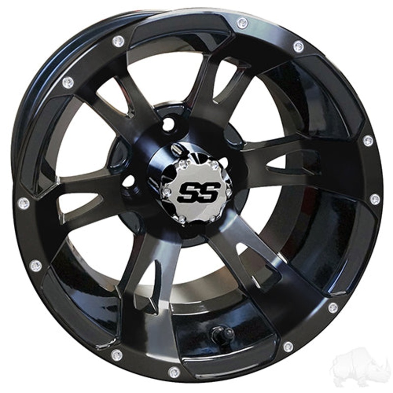 12″ Golf Cart Wheel –  Black Rim & Center Cap –  12×7 ET-25