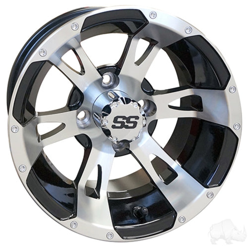 12″ Golf Cart Wheel –  Machined/Black & Center Cap –  12×7 ET-25