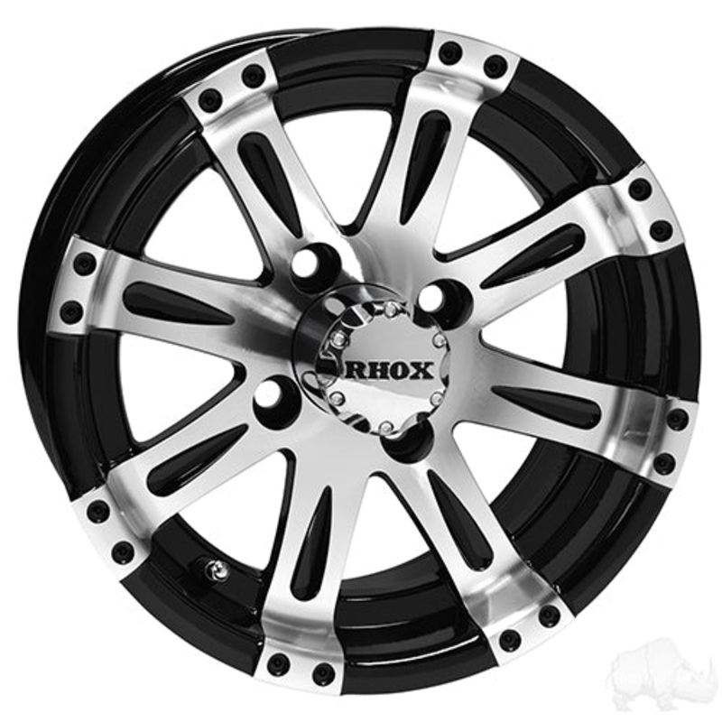 12″ Golf Cart Wheel –  Machined/Black Rim & Center Cap –  12×6 Centered